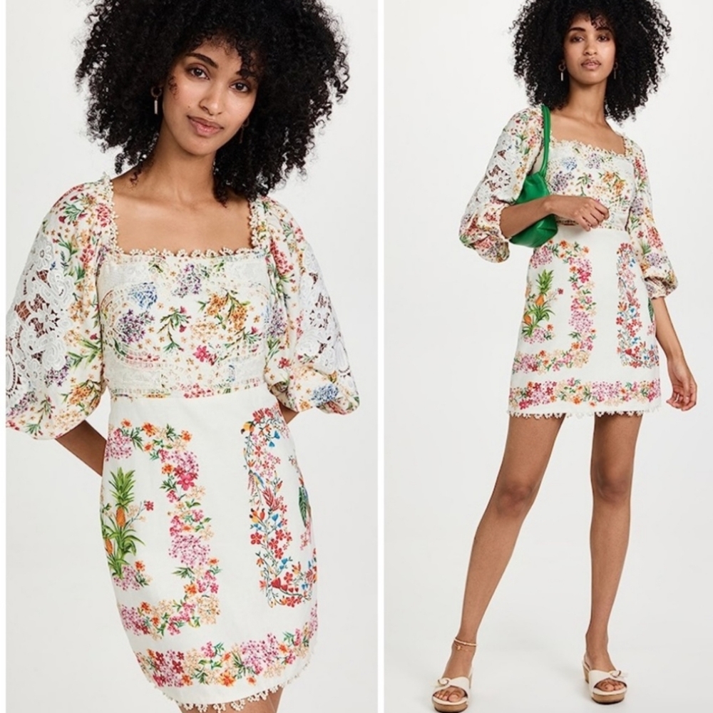 FARM RIO Delicate Forest Scarves Billowy-Sleeve Embroidered Minidress Size S NWT